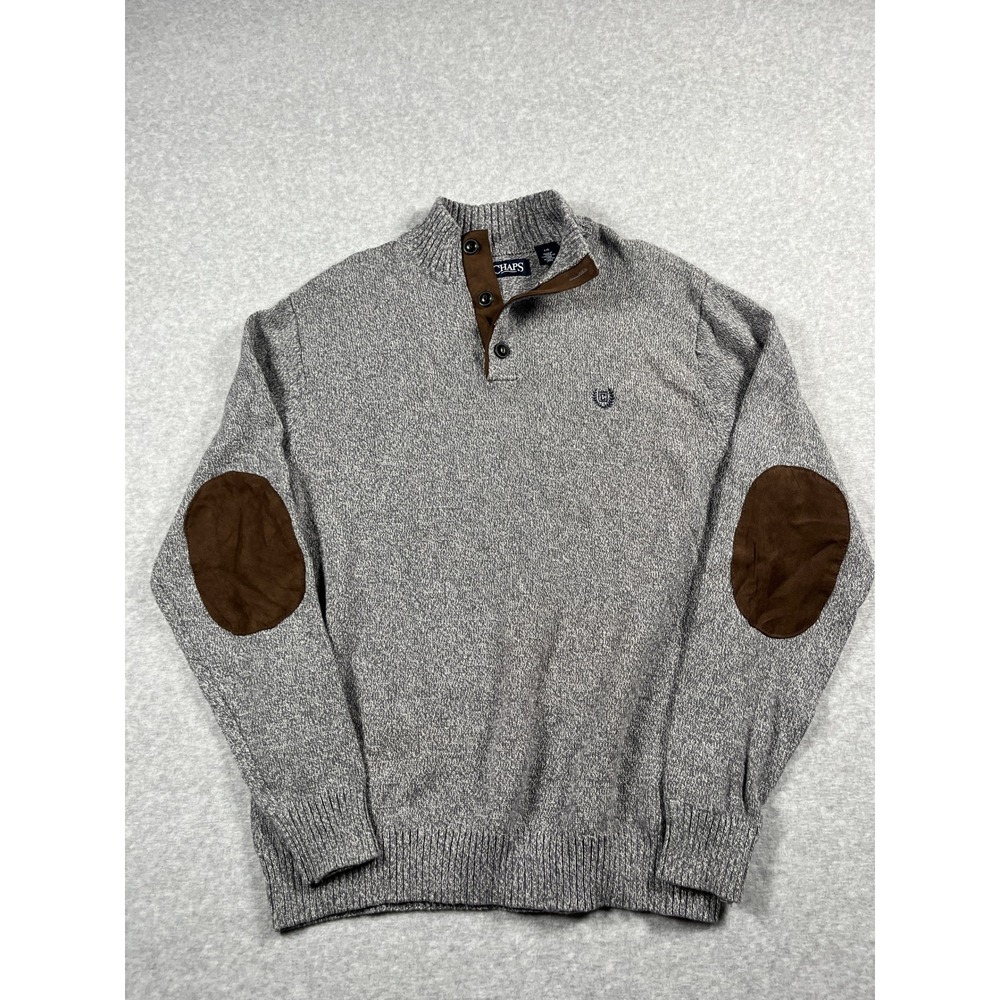 Chaps 100% Cotton Sweater Mens L Gray Quarter Snap Elbow Patch Academia Preppy
